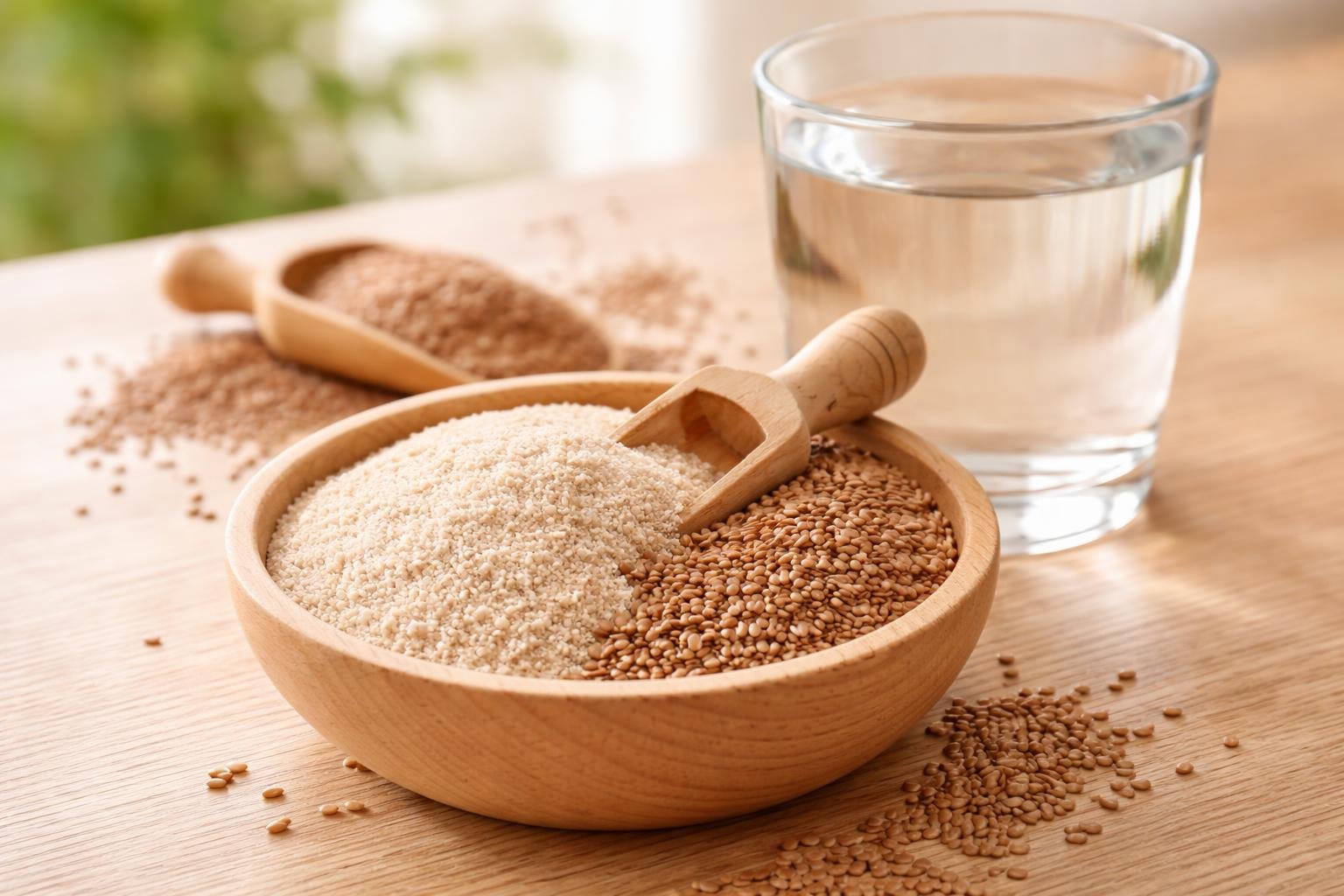 Graines et poudre de psyllium avec un verre d'eau, remède naturel contre la constipation