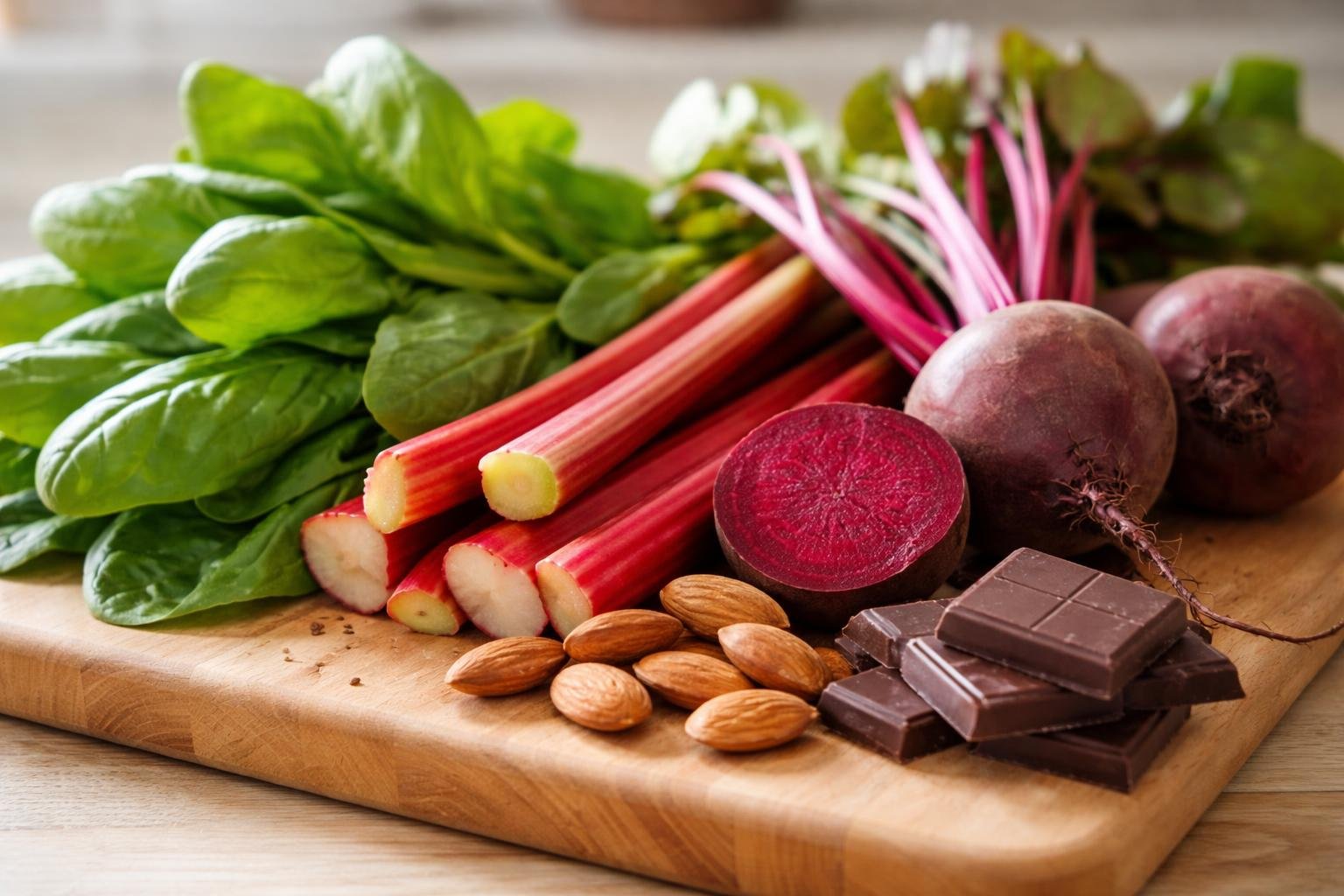 Aliments riches en oxalates : epinards, rhubarbe et betteraves sur une planche en bois