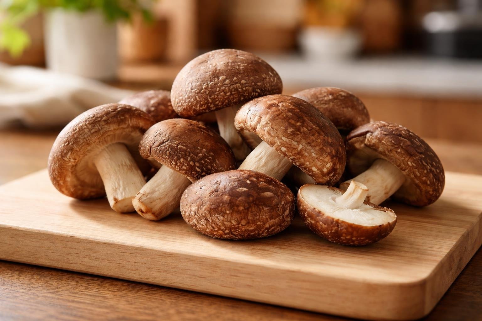 Champignons shiitake frais sur une planche en bois illustrant les bienfaits du shiitake
