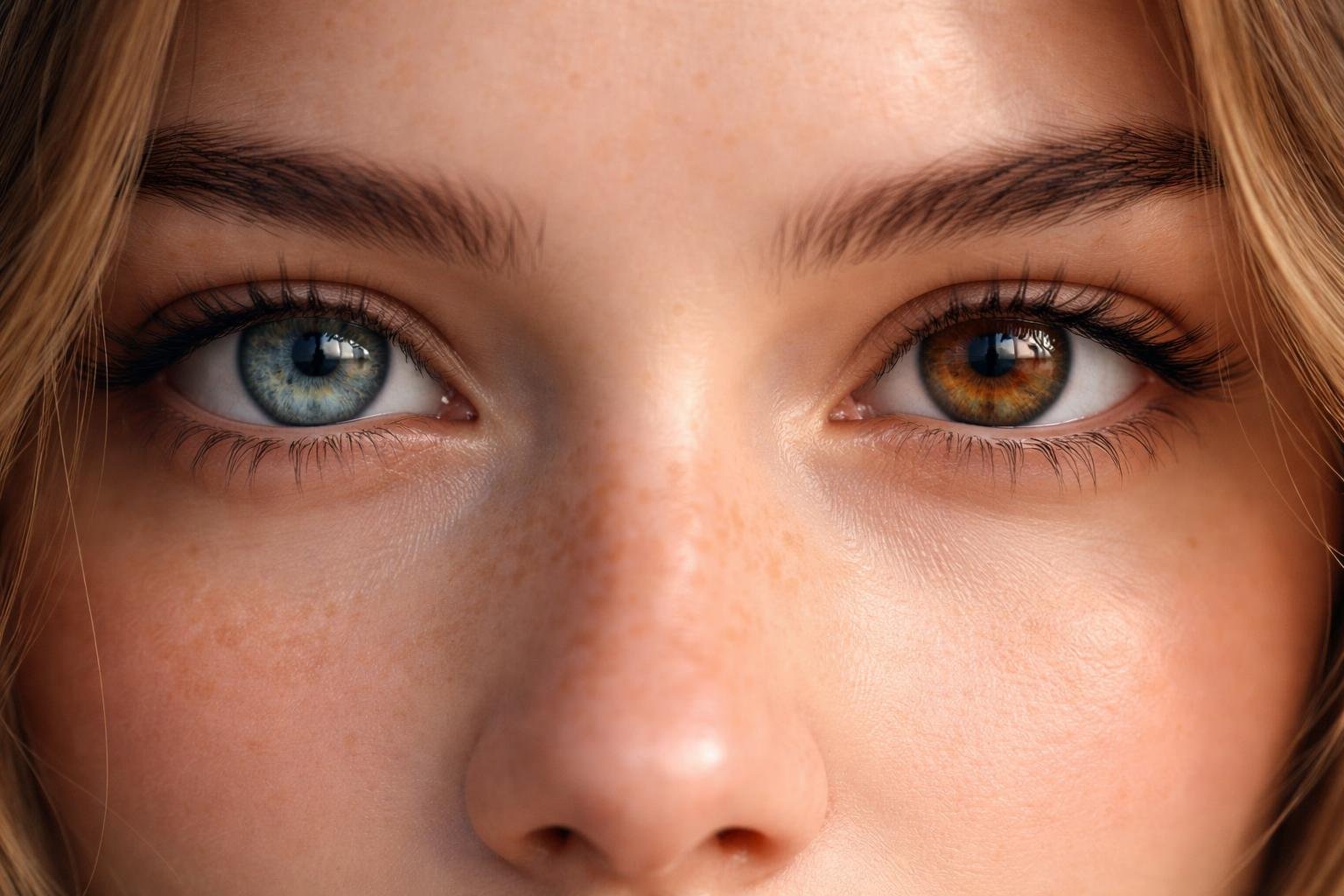 Gros plan d'un visage aux yeux vairons, un iris bleu et un iris brun, illustrant l'heterochromie