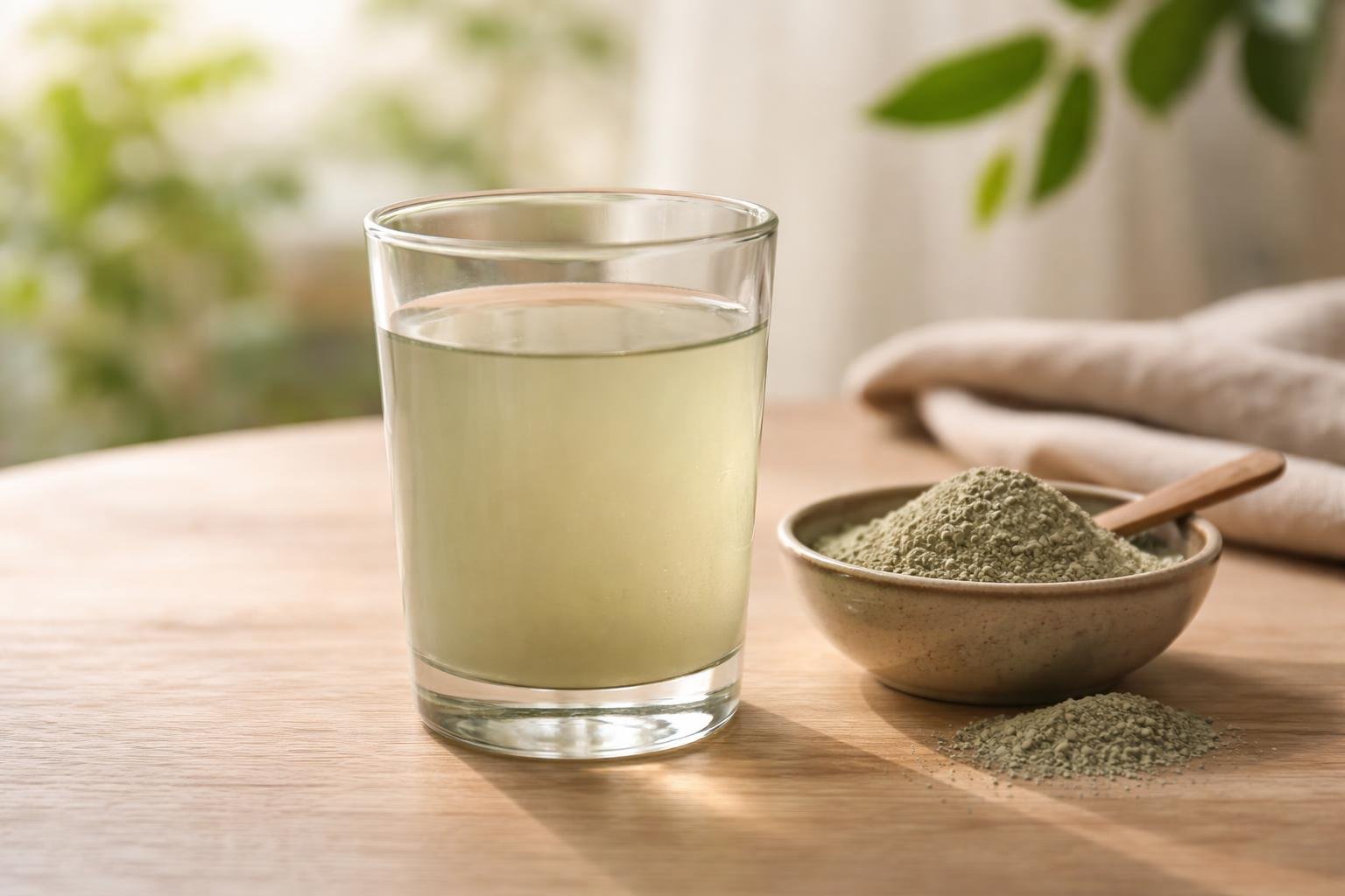 Verre d'eau d'argile verte à boire et poudre d'argile verte sur table en bois