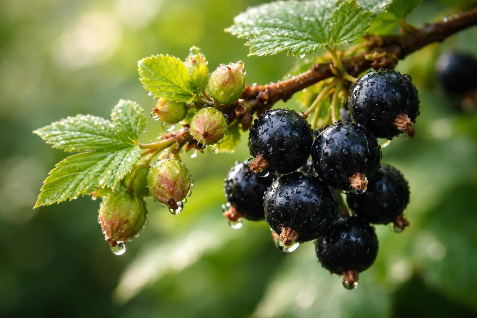Bourgeons et baies de cassis (Ribes nigrum) sur la plante, lumiere naturelle