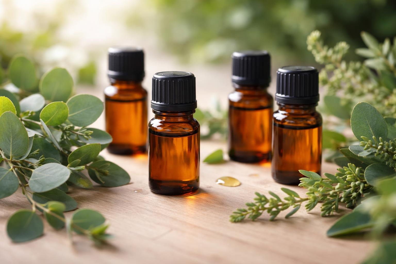 Flacons d'huiles essentielles et rameaux d'eucalyptus pour soulager la sinusite