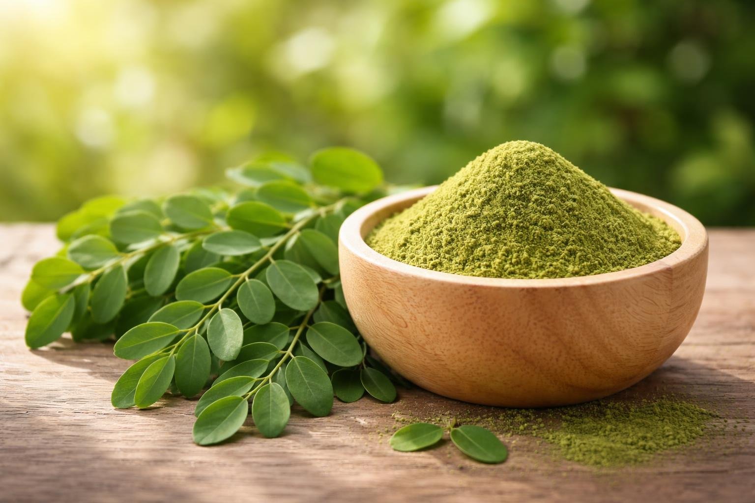 Feuilles fraiches et poudre de moringa illustrant les bienfaits de cette plante