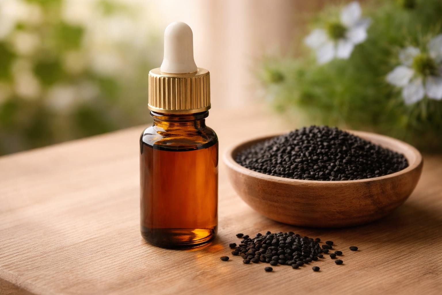 Flacon d'huile de nigelle et graines de nigelle noires pour usage à boire