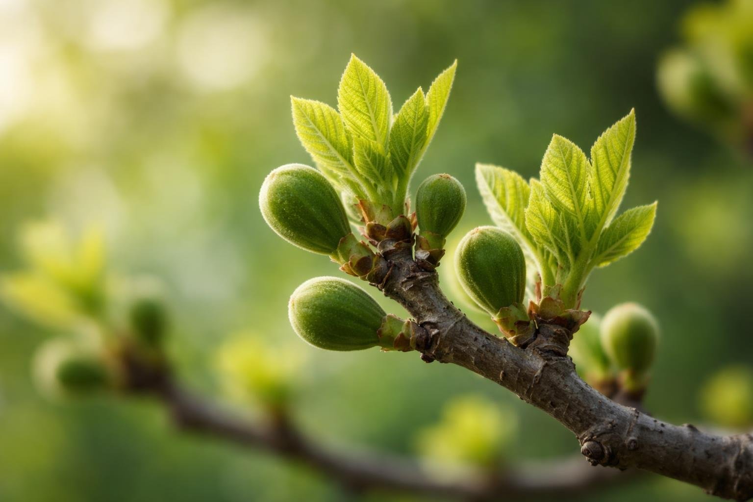 Jeunes bourgeons de figuier sur la branche, feuilles vertes au printemps