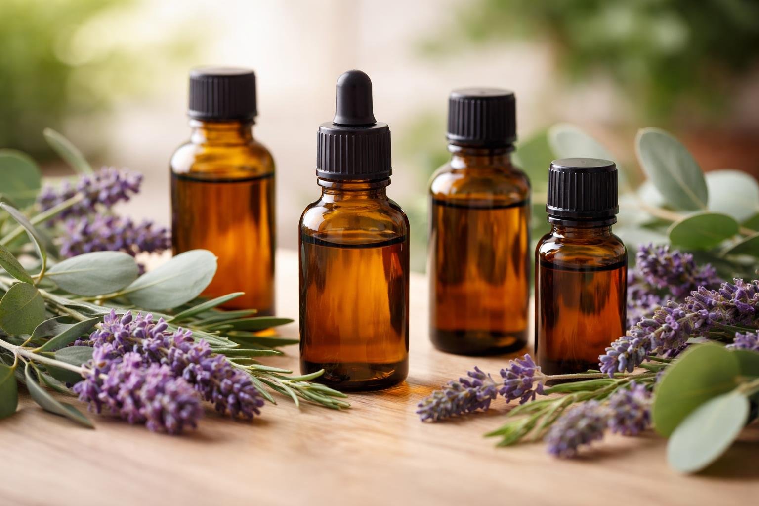 Flacons d'huiles essentielles avec lavande et eucalyptus pour soulager une otite