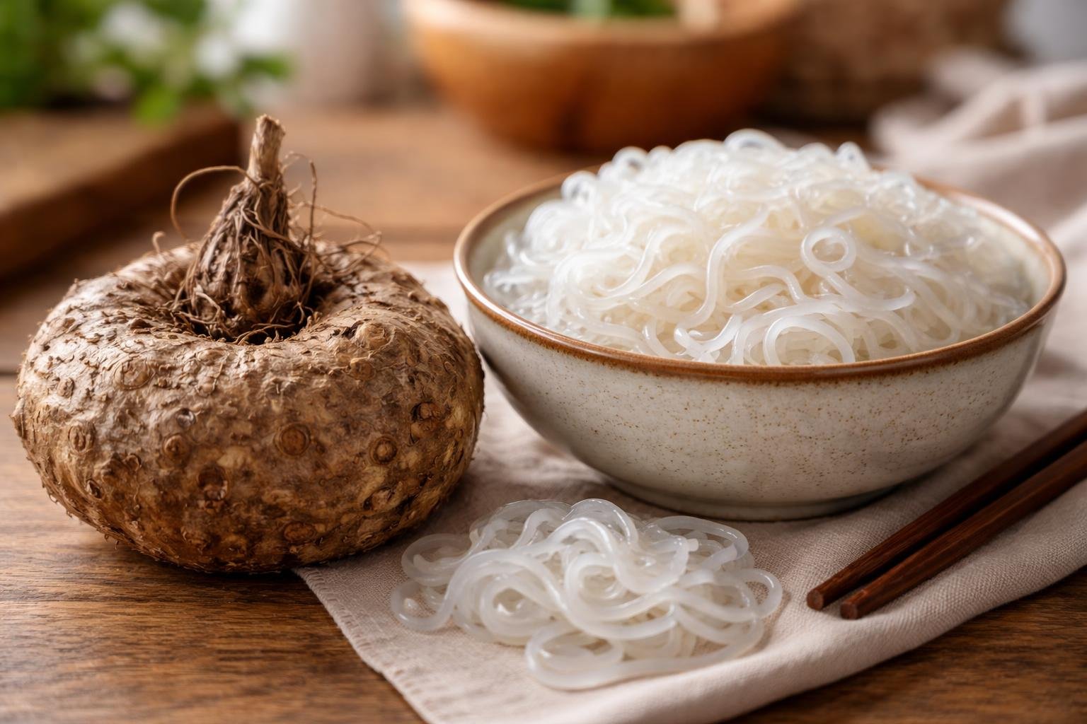 Racine de konjac et nouilles de konjac dans un bol, sujet konjac dangereux