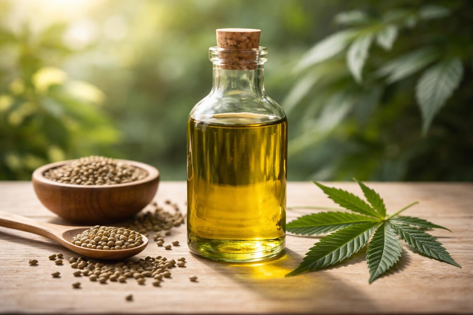 Bouteille d'huile de chanvre avec graines et feuille de chanvre, bienfaits naturels