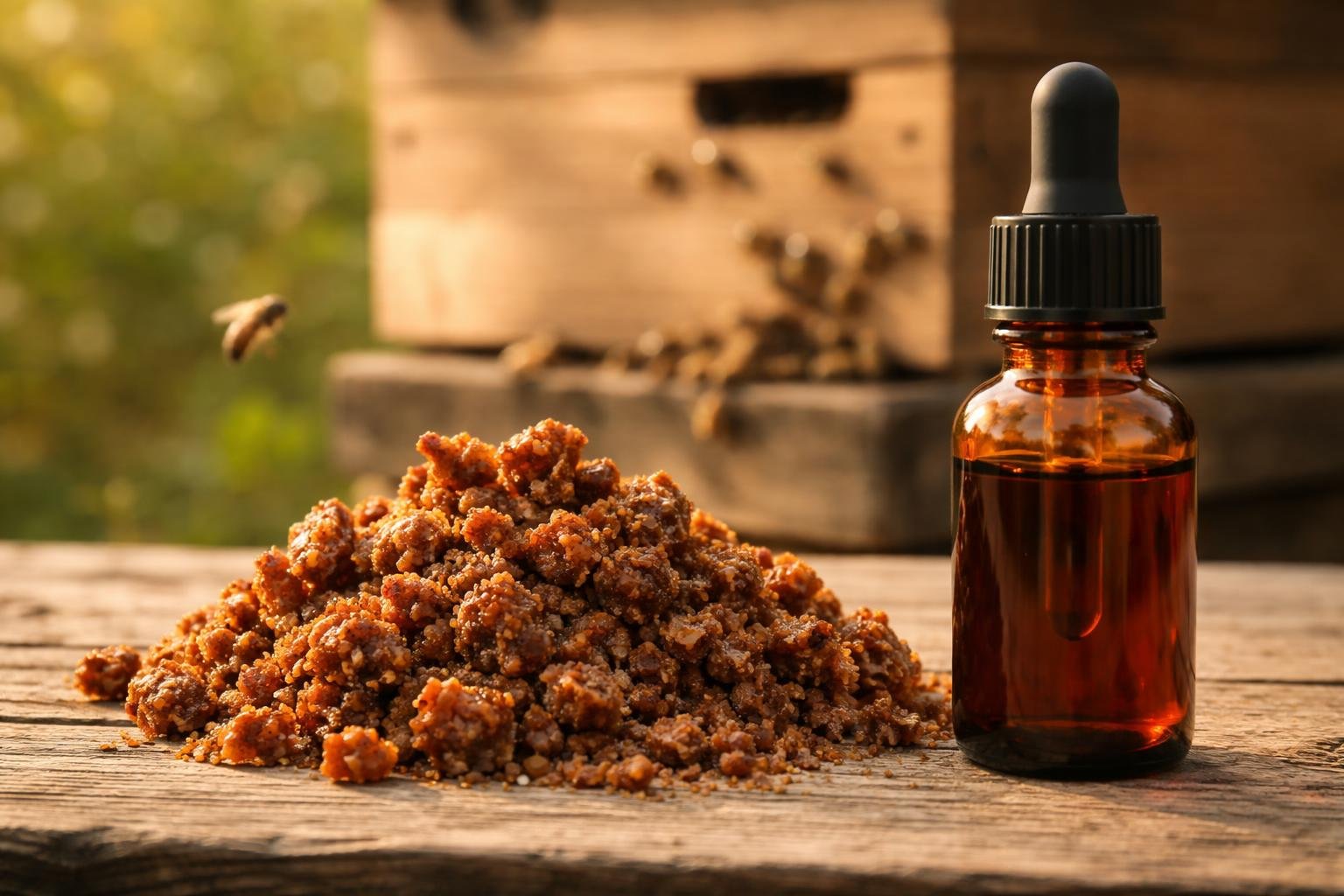 Propolis brute et flacon de teinture de propolis ambré devant une ruche, illustrant le sujet propolis danger