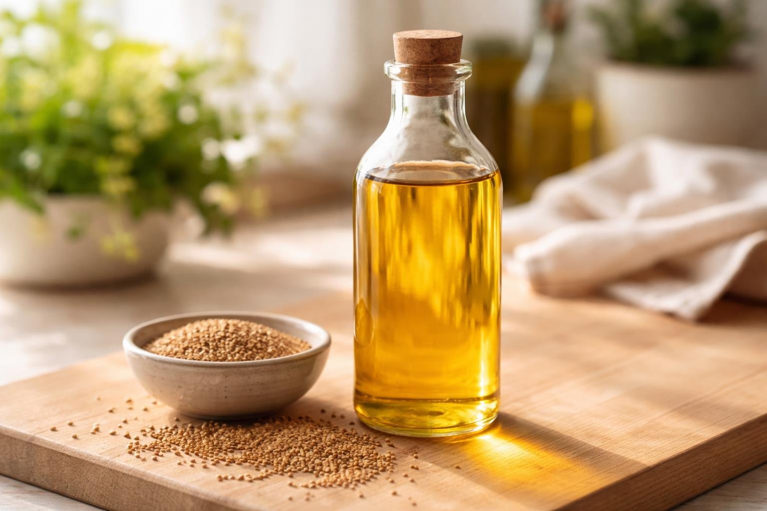 Bouteille d'huile de cameline dorée et graines, bienfaits de l'huile de cameline